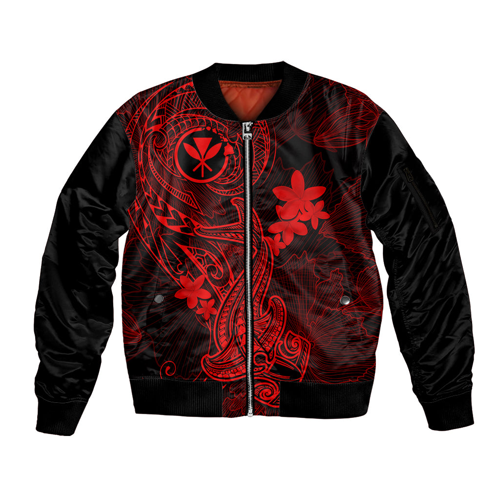 Hawaii Sleeve Zip Bomber Jacket Hammerhead Shark Tattoo Mix Polynesian Plumeria Red Version - Wonder Print Shop