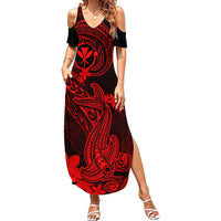 Hawaii Summer Maxi Dress Hammerhead Shark Tattoo Mix Polynesian Plumeria Red Version - Wonder Print Shop