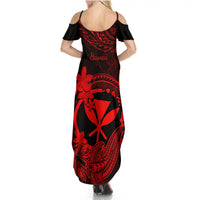 Hawaii Summer Maxi Dress Hammerhead Shark Tattoo Mix Polynesian Plumeria Red Version - Wonder Print Shop