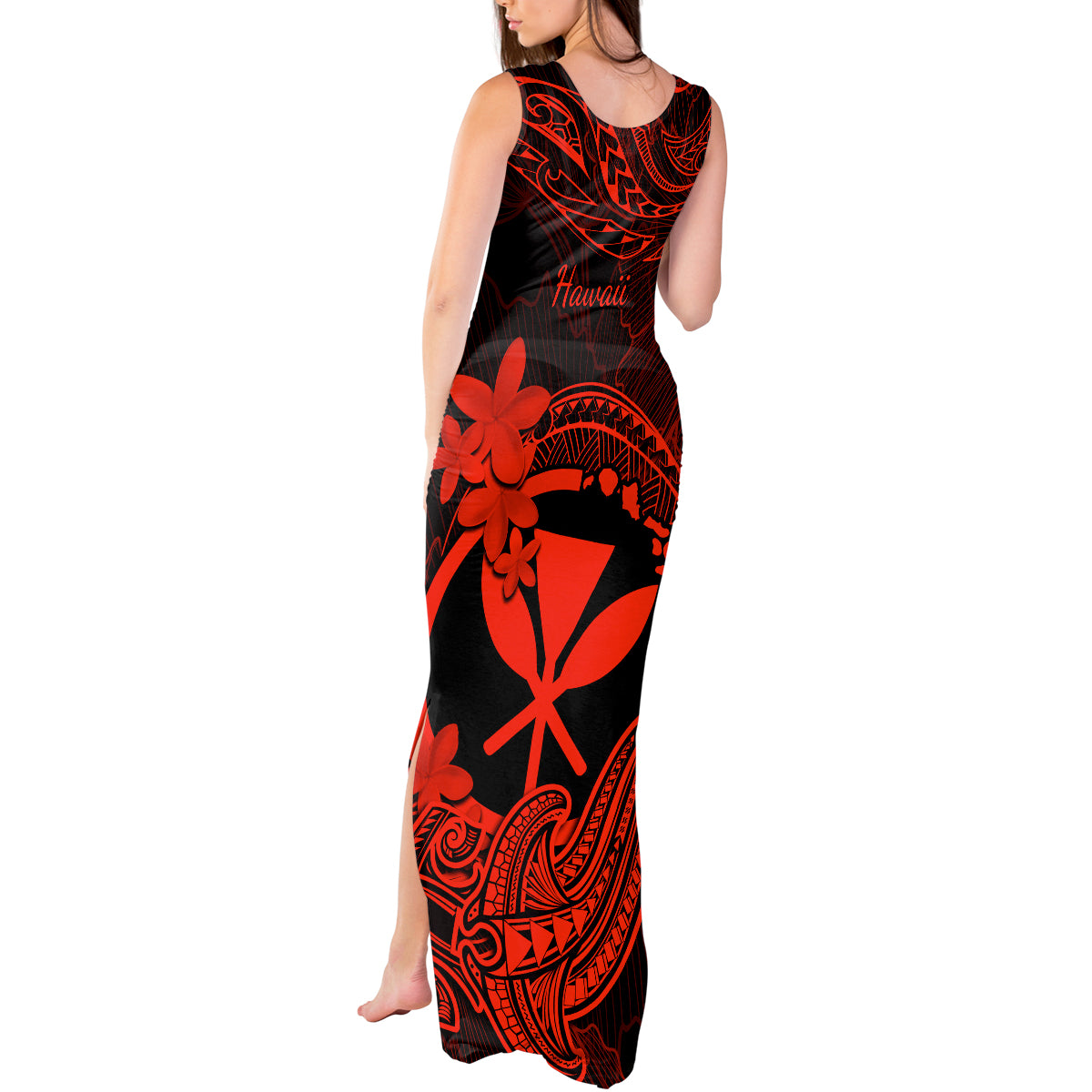 Hawaii Tank Maxi Dress Hammerhead Shark Tattoo Mix Polynesian Plumeria Red Version - Wonder Print Shop