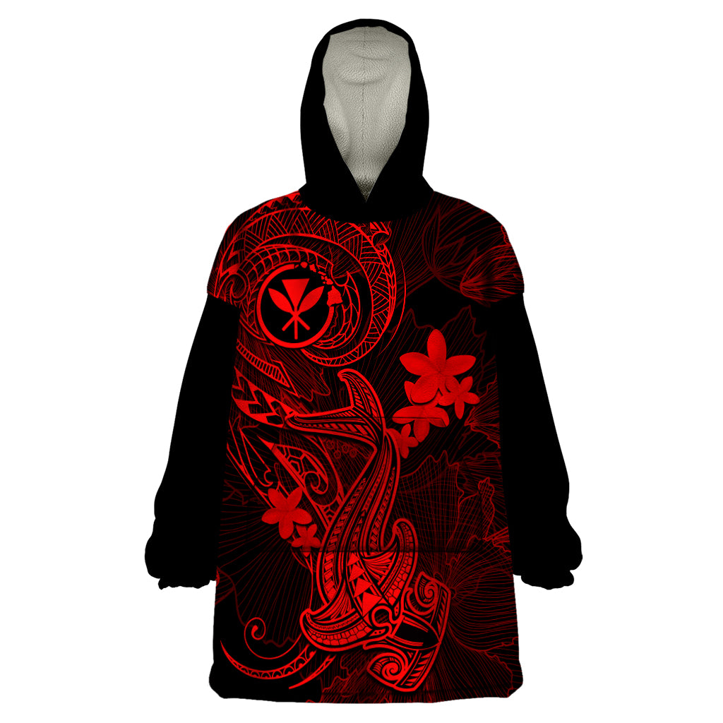 Hawaii Wearable Blanket Hoodie Hammerhead Shark Tattoo Mix Polynesian Plumeria Red Version - Wonder Print Shop