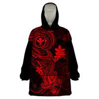 Hawaii Wearable Blanket Hoodie Hammerhead Shark Tattoo Mix Polynesian Plumeria Red Version - Wonder Print Shop