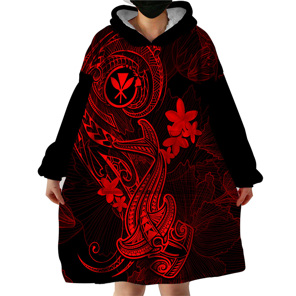 Hawaii Wearable Blanket Hoodie Hammerhead Shark Tattoo Mix Polynesian Plumeria Red Version - Wonder Print Shop