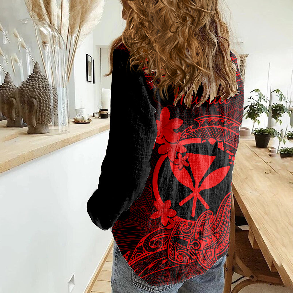 Hawaii Women Casual Shirt Hammerhead Shark Tattoo Mix Polynesian Plumeria Red Version - Wonder Print Shop