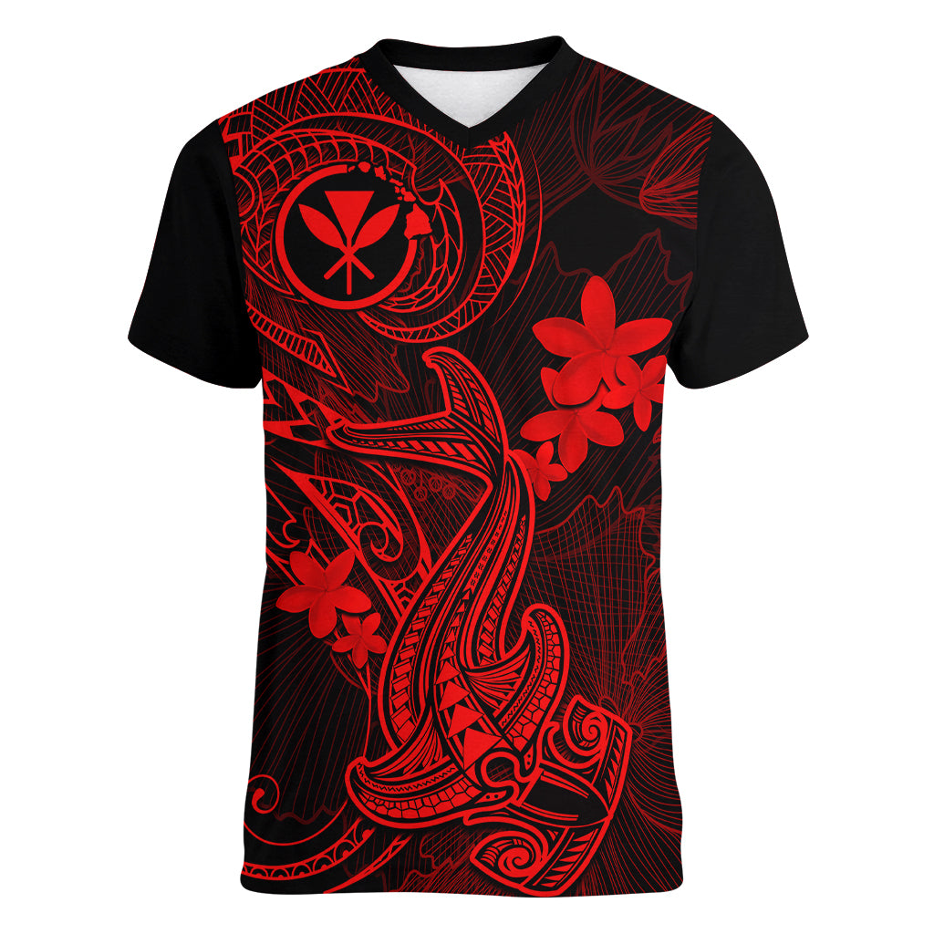 Hawaii Women V Neck T Shirt Hammerhead Shark Tattoo Mix Polynesian Plumeria Red Version - Wonder Print Shop