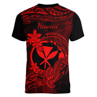 Hawaii Women V Neck T Shirt Hammerhead Shark Tattoo Mix Polynesian Plumeria Red Version - Wonder Print Shop