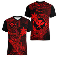 Hawaii Women V Neck T Shirt Hammerhead Shark Tattoo Mix Polynesian Plumeria Red Version - Wonder Print Shop
