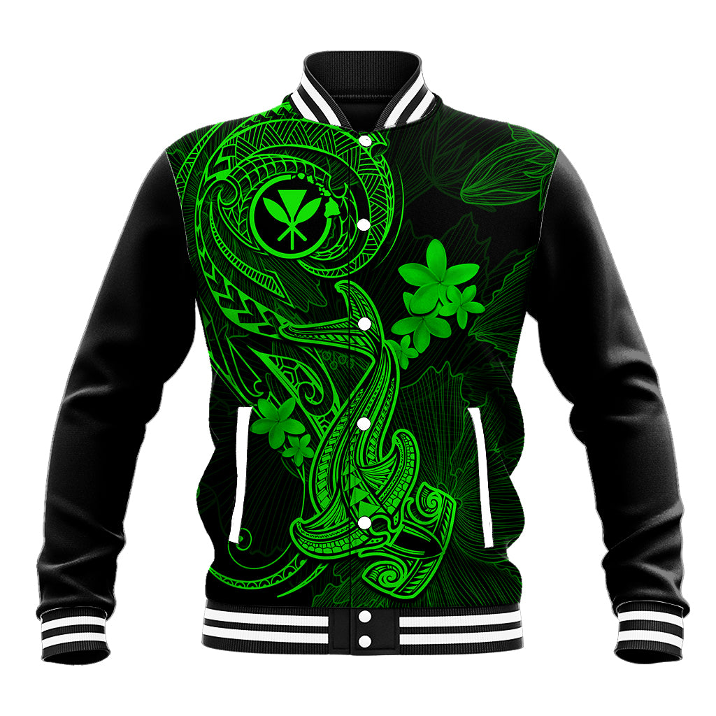 Hawaii Baseball Jacket Hammerhead Shark Tattoo Mix Polynesian Plumeria Green Version - Wonder Print Shop