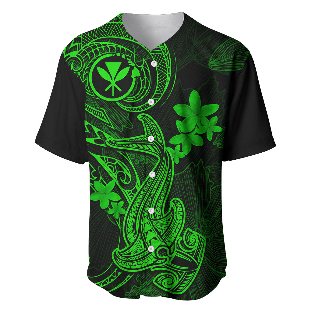 Hawaii Baseball Jersey Hammerhead Shark Tattoo Mix Polynesian Plumeria Green Version - Wonder Print Shop
