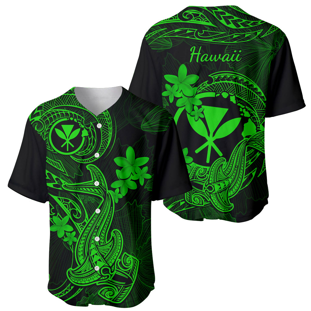 Hawaii Baseball Jersey Hammerhead Shark Tattoo Mix Polynesian Plumeria Green Version - Wonder Print Shop