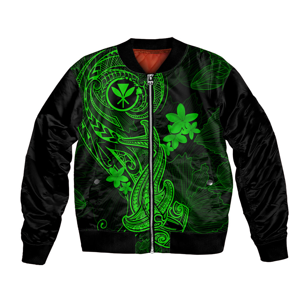 Hawaii Bomber Jacket Hammerhead Shark Tattoo Mix Polynesian Plumeria Green Version - Wonder Print Shop