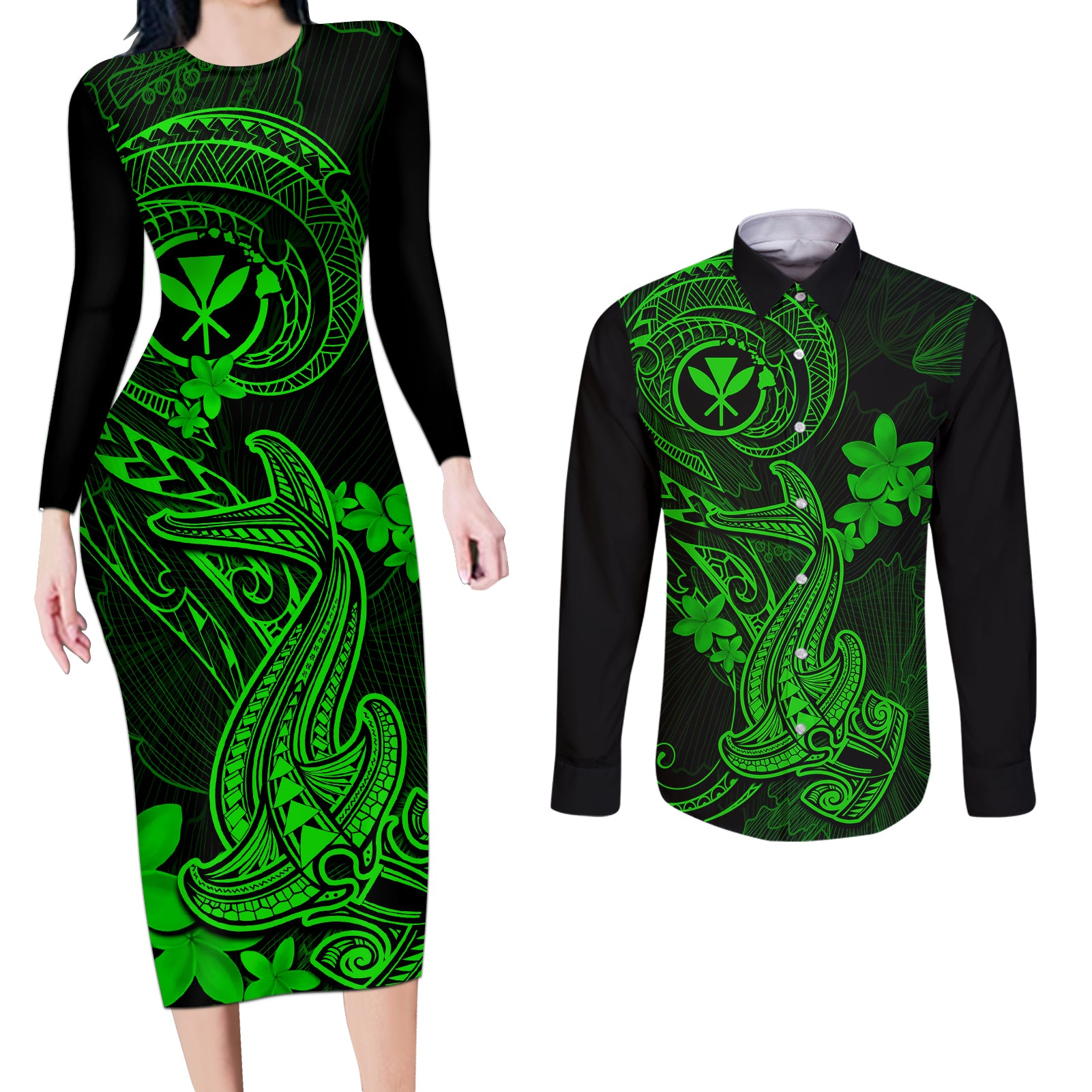 Hawaii Couples Matching Long Sleeve Bodycon Dress and Long Sleeve Button Shirts Hammerhead Shark Tattoo Mix Polynesian Plumeria Green Version - Wonder Print Shop