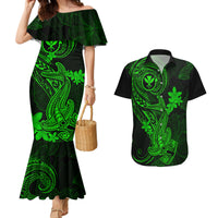 Hawaii Couples Matching Mermaid Dress and Hawaiian Shirt Hammerhead Shark Tattoo Mix Polynesian Plumeria Green Version - Wonder Print Shop