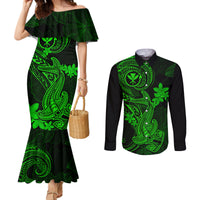 hawaii-couples-matching-mermaid-dress-and-long-sleeve-button-shirts-hammerhead-shark-tattoo-mix-polynesian-plumeria-green-version