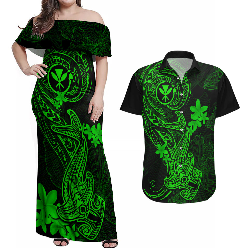 Hawaii Couples Matching Off Shoulder Maxi Dress and Hawaiian Shirt Hammerhead Shark Tattoo Mix Polynesian Plumeria Green Version - Wonder Print Shop