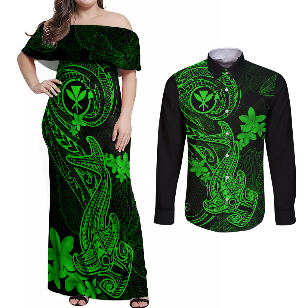 Hawaii Couples Matching Off Shoulder Maxi Dress and Long Sleeve Button Shirts Hammerhead Shark Tattoo Mix Polynesian Plumeria Green Version - Wonder Print Shop