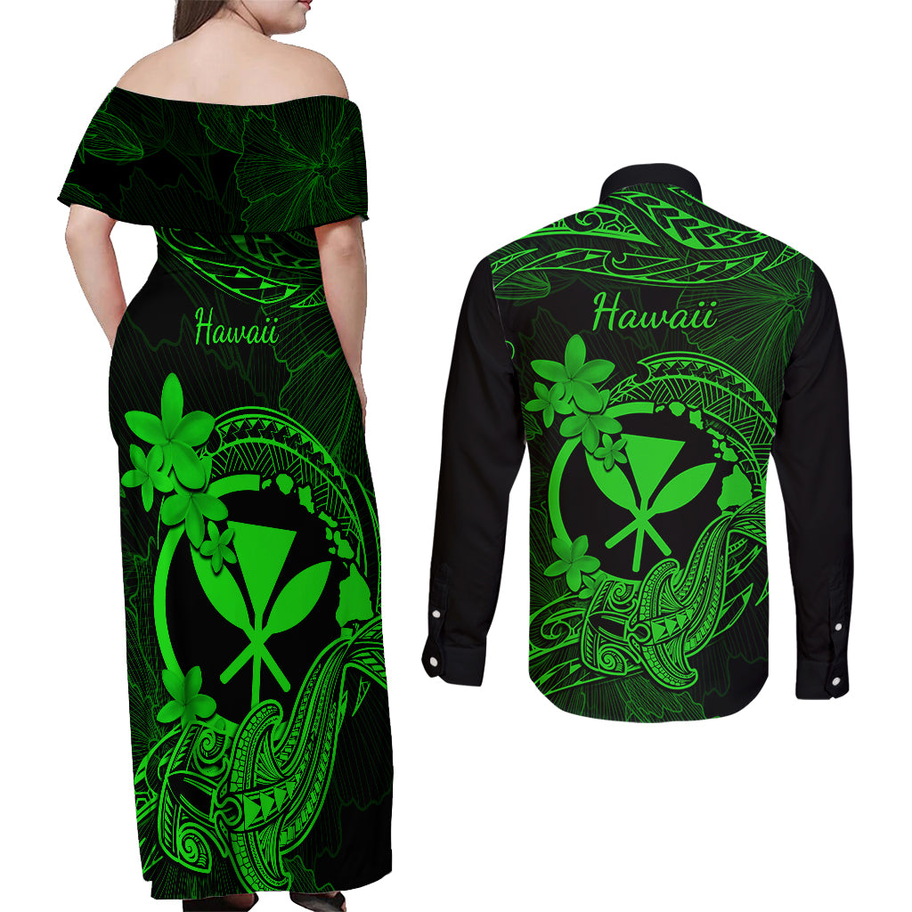 Hawaii Couples Matching Off Shoulder Maxi Dress and Long Sleeve Button Shirts Hammerhead Shark Tattoo Mix Polynesian Plumeria Green Version - Wonder Print Shop