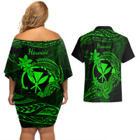 Hawaii Couples Matching Off Shoulder Short Dress and Hawaiian Shirt Hammerhead Shark Tattoo Mix Polynesian Plumeria Green Version - Wonder Print Shop