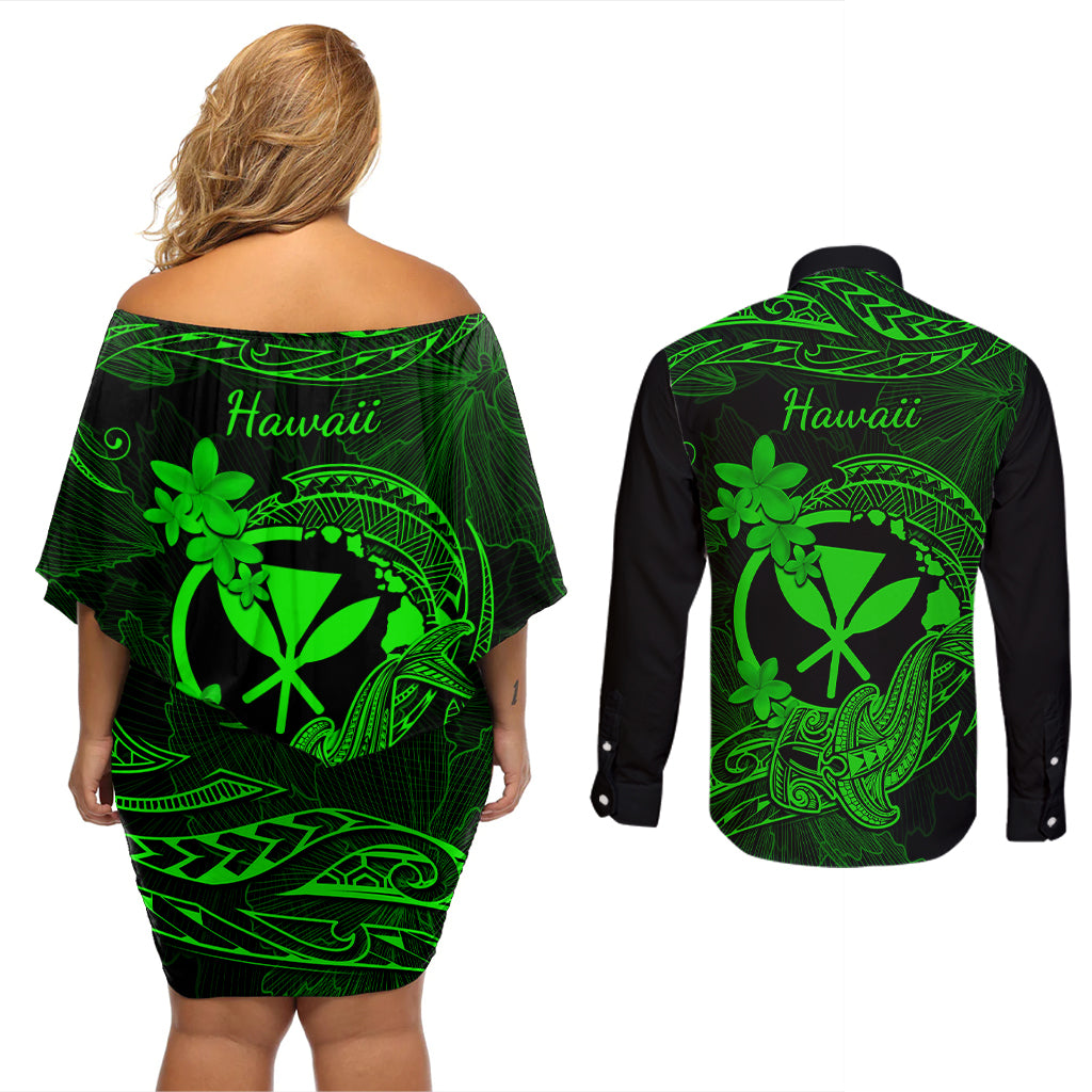Hawaii Couples Matching Off Shoulder Short Dress and Long Sleeve Button Shirts Hammerhead Shark Tattoo Mix Polynesian Plumeria Green Version - Wonder Print Shop