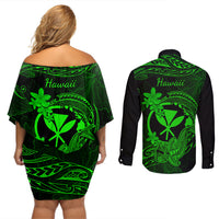 Hawaii Couples Matching Off Shoulder Short Dress and Long Sleeve Button Shirts Hammerhead Shark Tattoo Mix Polynesian Plumeria Green Version - Wonder Print Shop