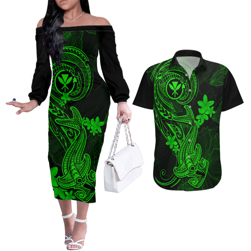 Hawaii Couples Matching Off The Shoulder Long Sleeve Dress and Hawaiian Shirt Hammerhead Shark Tattoo Mix Polynesian Plumeria Green Version - Wonder Print Shop