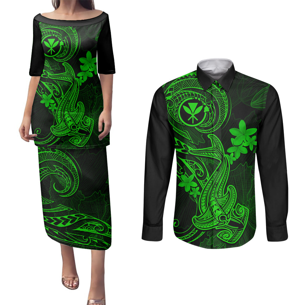 Hawaii Couples Matching Puletasi Dress and Long Sleeve Button Shirts Hammerhead Shark Tattoo Mix Polynesian Plumeria Green Version - Wonder Print Shop
