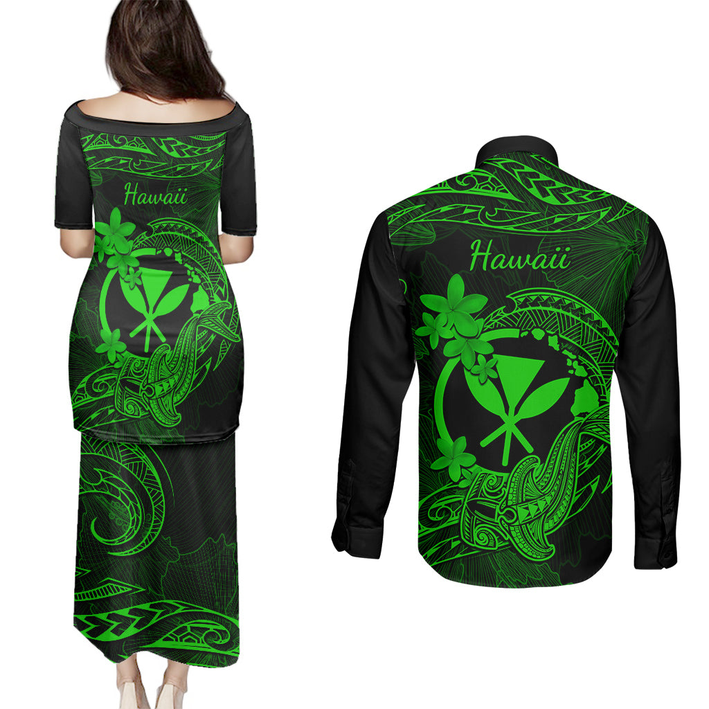 Hawaii Couples Matching Puletasi Dress and Long Sleeve Button Shirts Hammerhead Shark Tattoo Mix Polynesian Plumeria Green Version - Wonder Print Shop