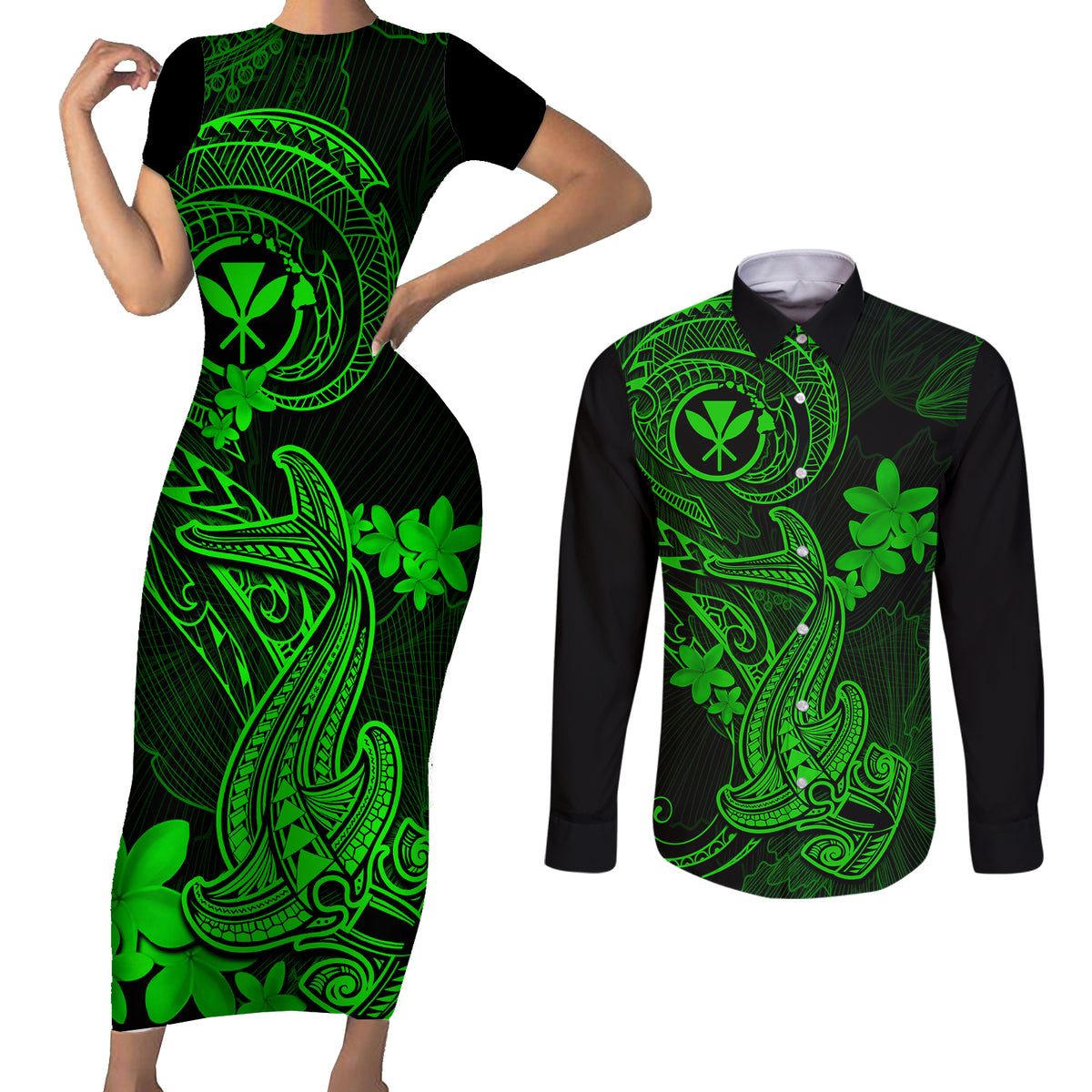 Hawaii Couples Matching Short Sleeve Bodycon Dress and Long Sleeve Button Shirts Hammerhead Shark Tattoo Mix Polynesian Plumeria Green Version - Wonder Print Shop