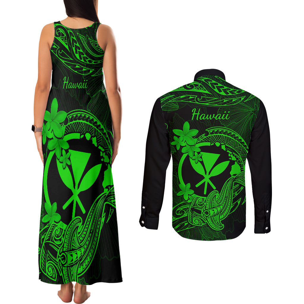 Hawaii Couples Matching Tank Maxi Dress and Long Sleeve Button Shirts Hammerhead Shark Tattoo Mix Polynesian Plumeria Green Version - Wonder Print Shop