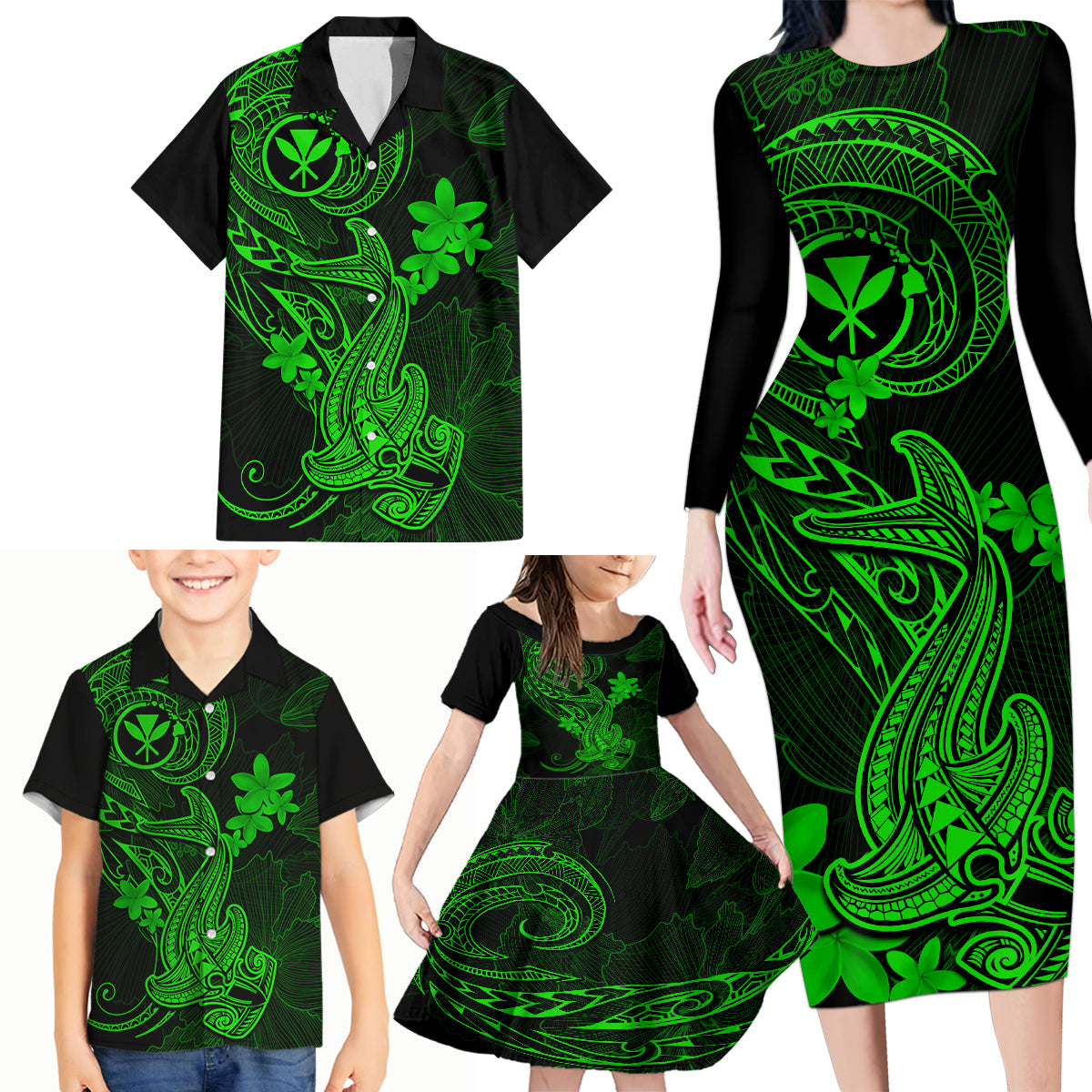 Hawaii Family Matching Long Sleeve Bodycon Dress and Hawaiian Shirt Hammerhead Shark Tattoo Mix Polynesian Plumeria Green Version - Wonder Print Shop