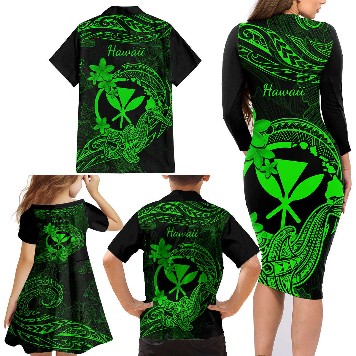 Hawaii Family Matching Long Sleeve Bodycon Dress and Hawaiian Shirt Hammerhead Shark Tattoo Mix Polynesian Plumeria Green Version - Wonder Print Shop