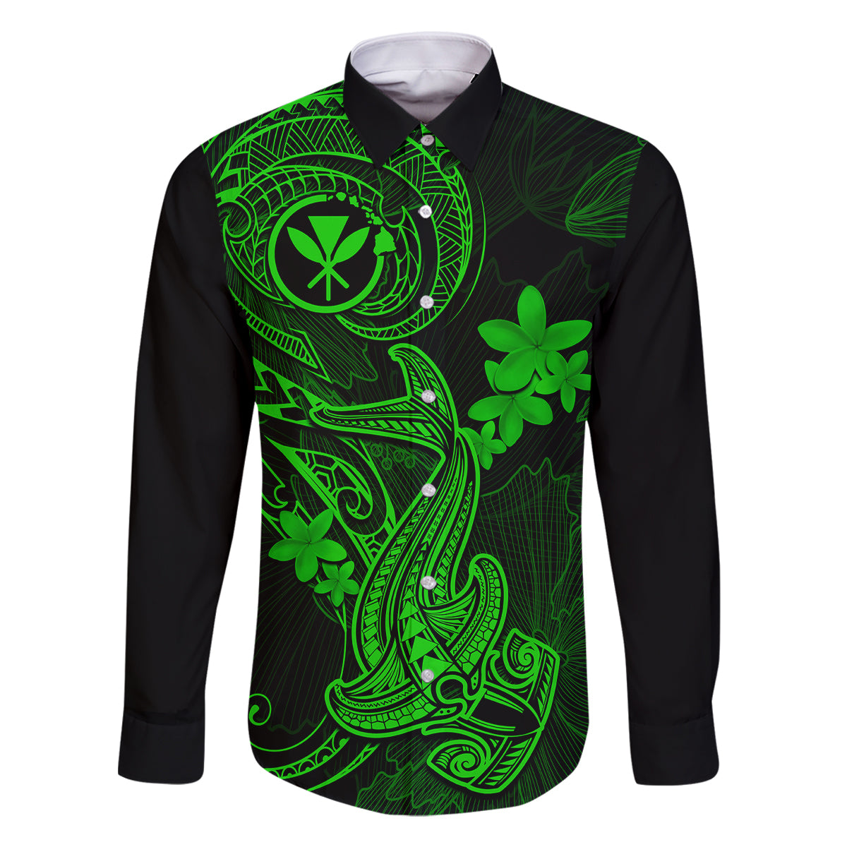 Hawaii Family Matching Long Sleeve Bodycon Dress and Hawaiian Shirt Hammerhead Shark Tattoo Mix Polynesian Plumeria Green Version - Wonder Print Shop