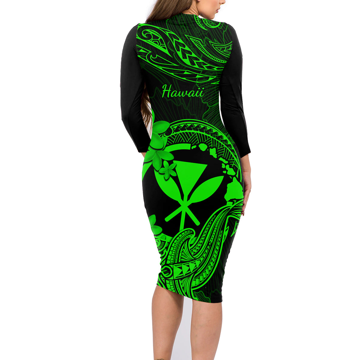 Hawaii Family Matching Long Sleeve Bodycon Dress and Hawaiian Shirt Hammerhead Shark Tattoo Mix Polynesian Plumeria Green Version - Wonder Print Shop