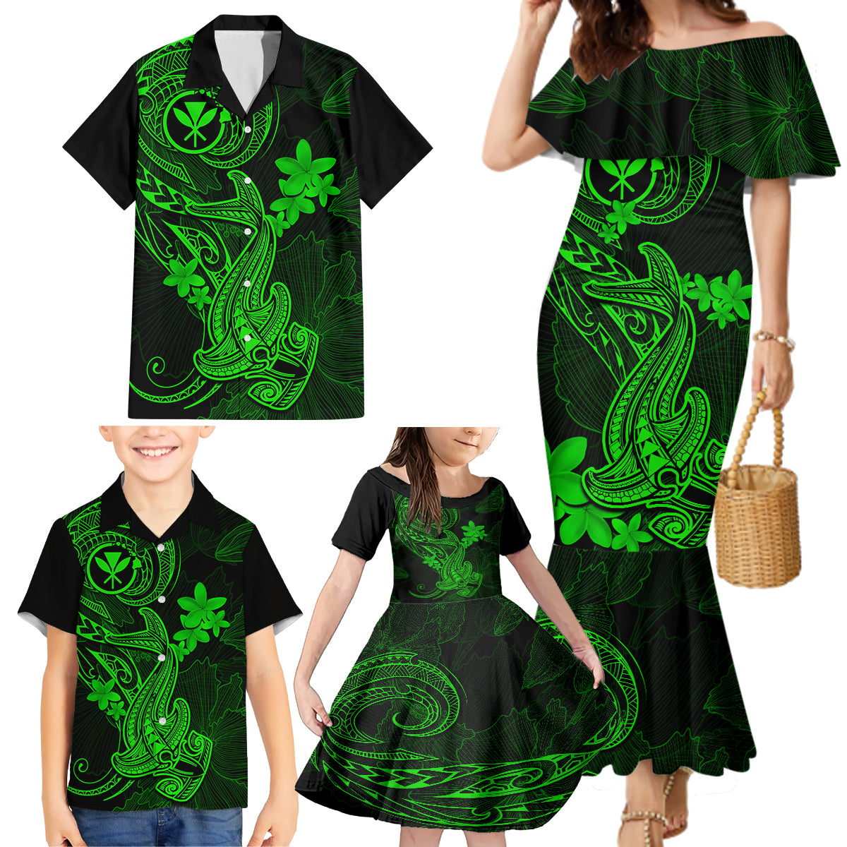 Hawaii Family Matching Mermaid Dress and Hawaiian Shirt Hammerhead Shark Tattoo Mix Polynesian Plumeria Green Version - Wonder Print Shop