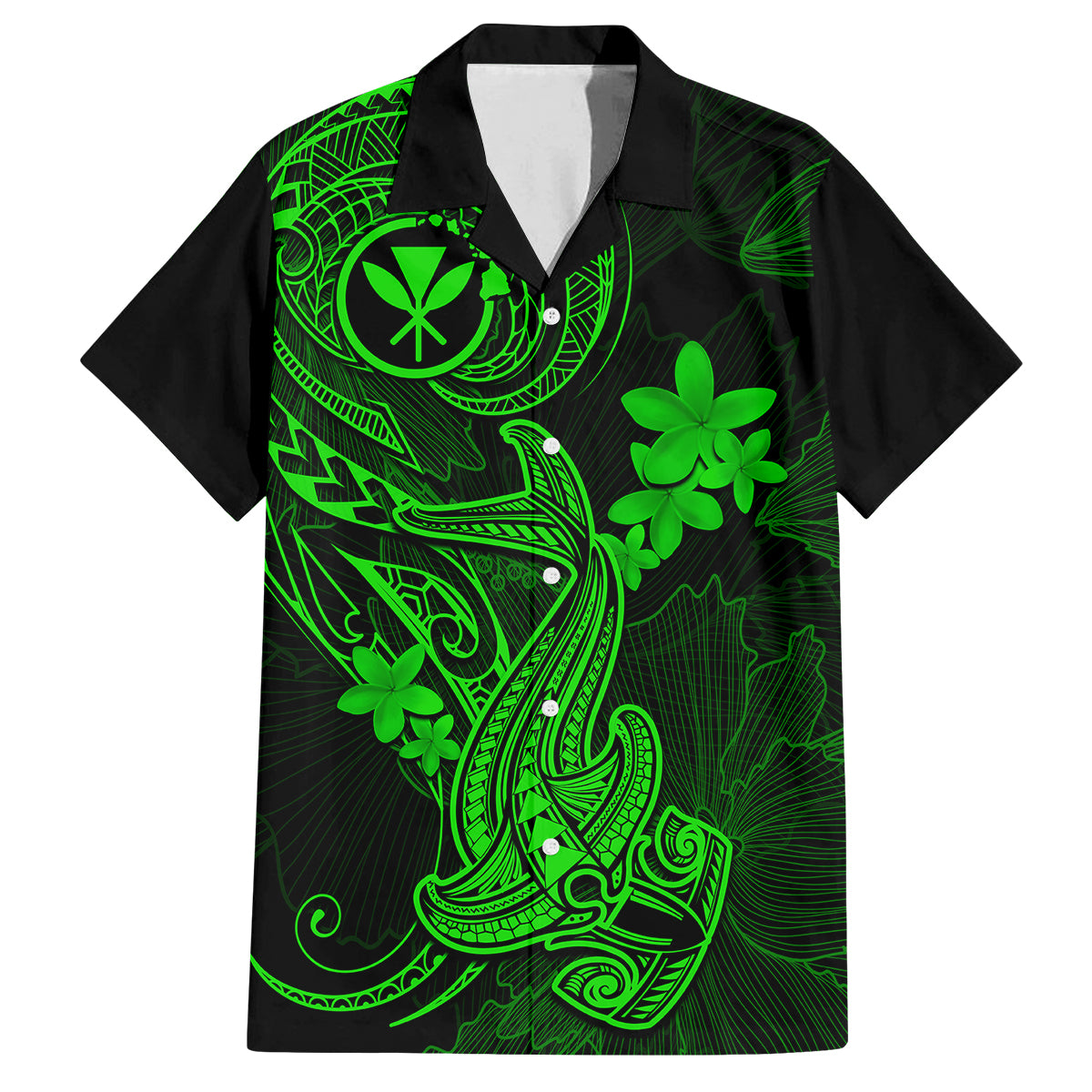 Hawaii Family Matching Off Shoulder Long Sleeve Dress and Hawaiian Shirt Hammerhead Shark Tattoo Mix Polynesian Plumeria Green Version - Wonder Print Shop
