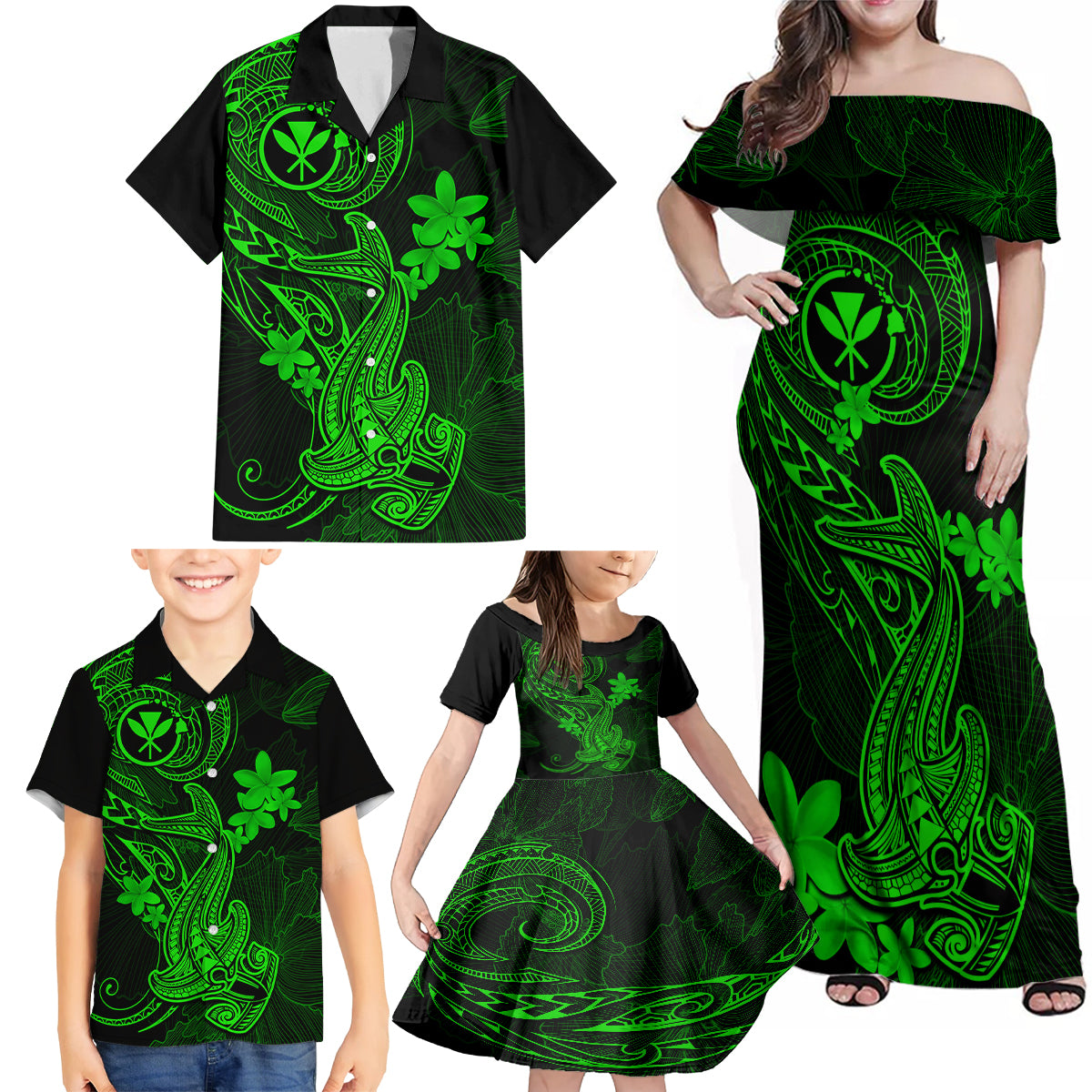 Hawaii Family Matching Off Shoulder Maxi Dress and Hawaiian Shirt Hammerhead Shark Tattoo Mix Polynesian Plumeria Green Version - Wonder Print Shop