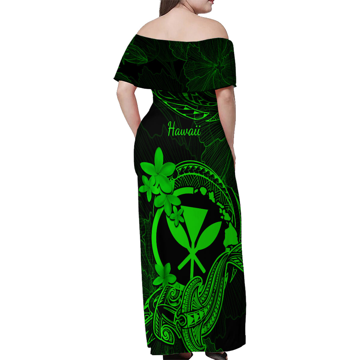 Hawaii Family Matching Off Shoulder Maxi Dress and Hawaiian Shirt Hammerhead Shark Tattoo Mix Polynesian Plumeria Green Version - Wonder Print Shop