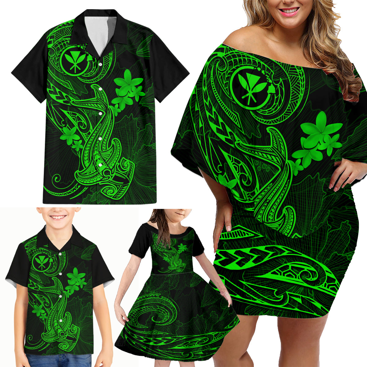 Hawaii Family Matching Off Shoulder Short Dress and Hawaiian Shirt Hammerhead Shark Tattoo Mix Polynesian Plumeria Green Version - Wonder Print Shop