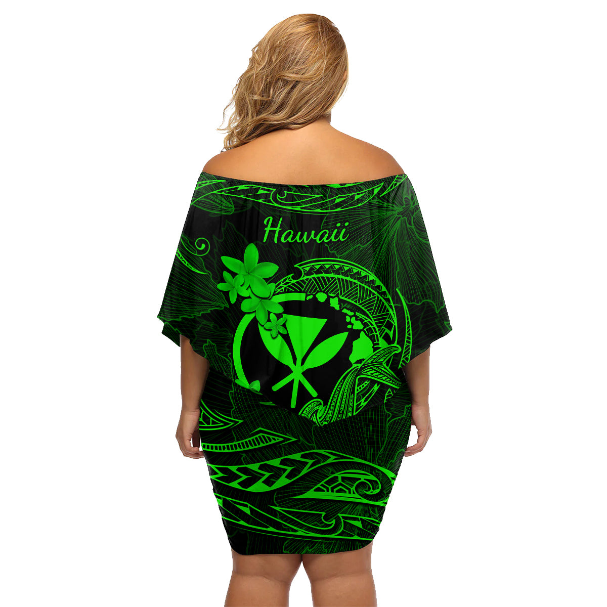 Hawaii Family Matching Off Shoulder Short Dress and Hawaiian Shirt Hammerhead Shark Tattoo Mix Polynesian Plumeria Green Version - Wonder Print Shop