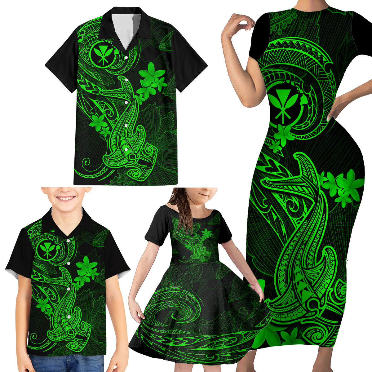 Hawaii Family Matching Short Sleeve Bodycon Dress and Hawaiian Shirt Hammerhead Shark Tattoo Mix Polynesian Plumeria Green Version - Wonder Print Shop
