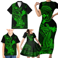 Hawaii Family Matching Short Sleeve Bodycon Dress and Hawaiian Shirt Hammerhead Shark Tattoo Mix Polynesian Plumeria Green Version - Wonder Print Shop