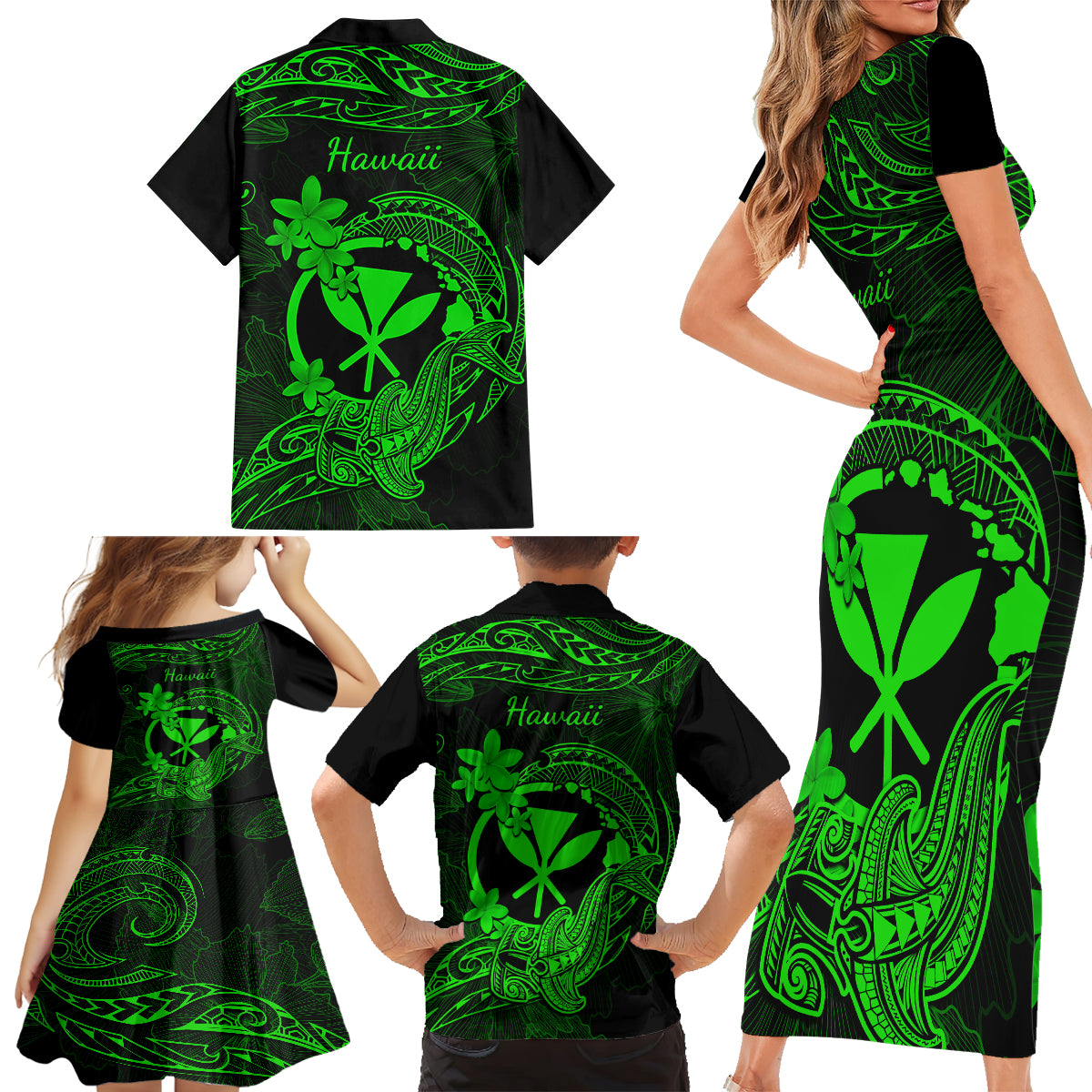 Hawaii Family Matching Short Sleeve Bodycon Dress and Hawaiian Shirt Hammerhead Shark Tattoo Mix Polynesian Plumeria Green Version - Wonder Print Shop