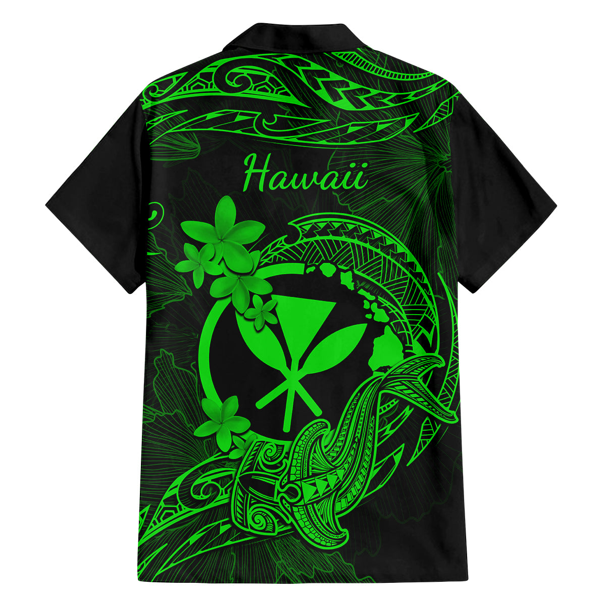 Hawaii Family Matching Short Sleeve Bodycon Dress and Hawaiian Shirt Hammerhead Shark Tattoo Mix Polynesian Plumeria Green Version - Wonder Print Shop