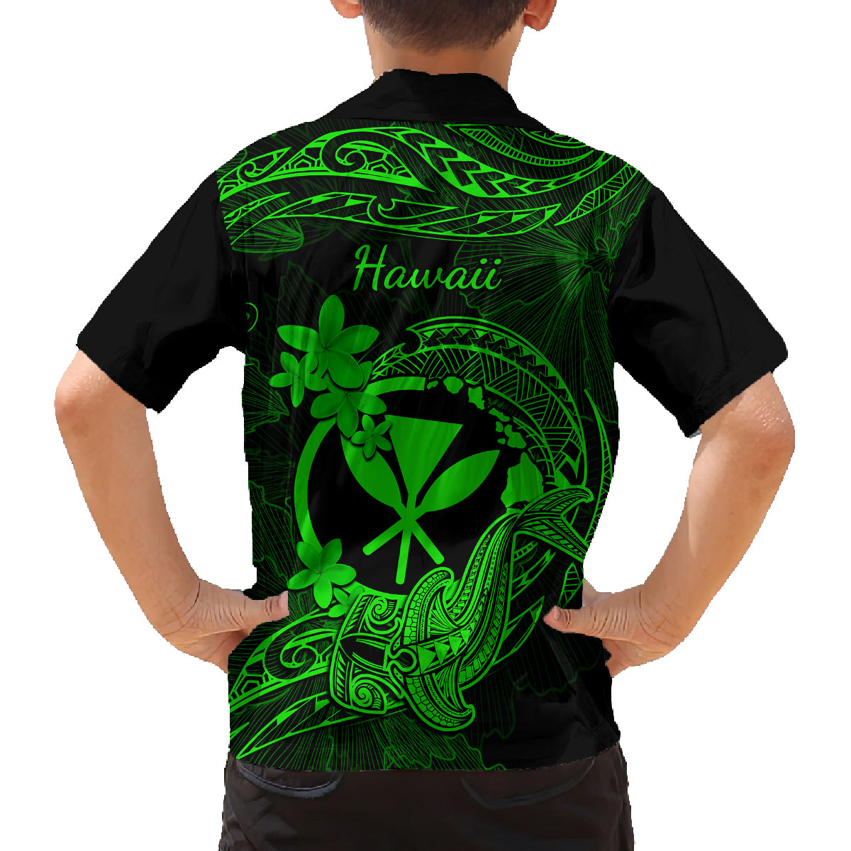 Hawaii Family Matching Summer Maxi Dress and Hawaiian Shirt Hammerhead Shark Tattoo Mix Polynesian Plumeria Green Version - Wonder Print Shop