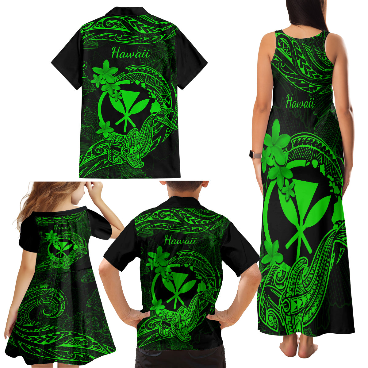 Hawaii Family Matching Tank Maxi Dress and Hawaiian Shirt Hammerhead Shark Tattoo Mix Polynesian Plumeria Green Version - Wonder Print Shop