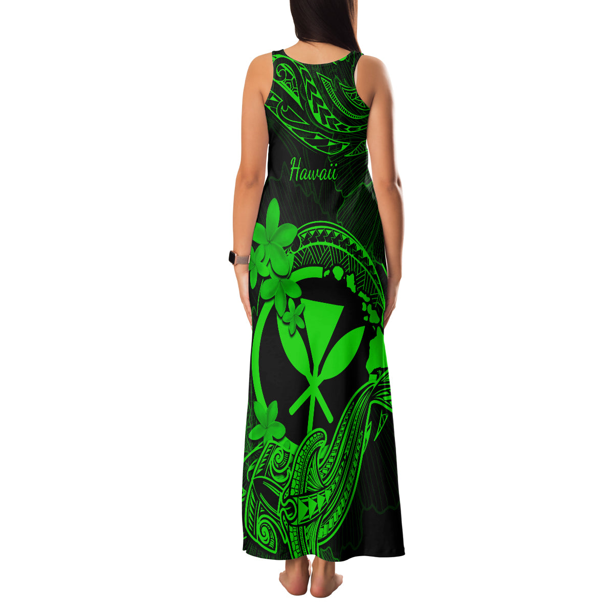 Hawaii Family Matching Tank Maxi Dress and Hawaiian Shirt Hammerhead Shark Tattoo Mix Polynesian Plumeria Green Version - Wonder Print Shop