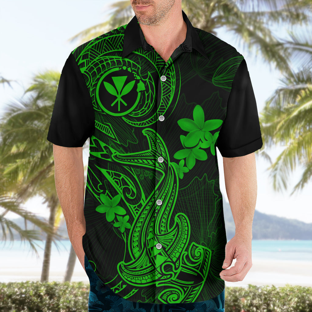 Hawaii Hawaiian Shirt Hammerhead Shark Tattoo Mix Polynesian Plumeria Green Version - Wonder Print Shop