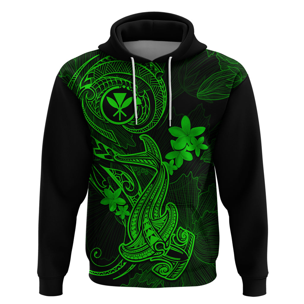 Hawaii Hoodie Hammerhead Shark Tattoo Mix Polynesian Plumeria Green Version - Wonder Print Shop