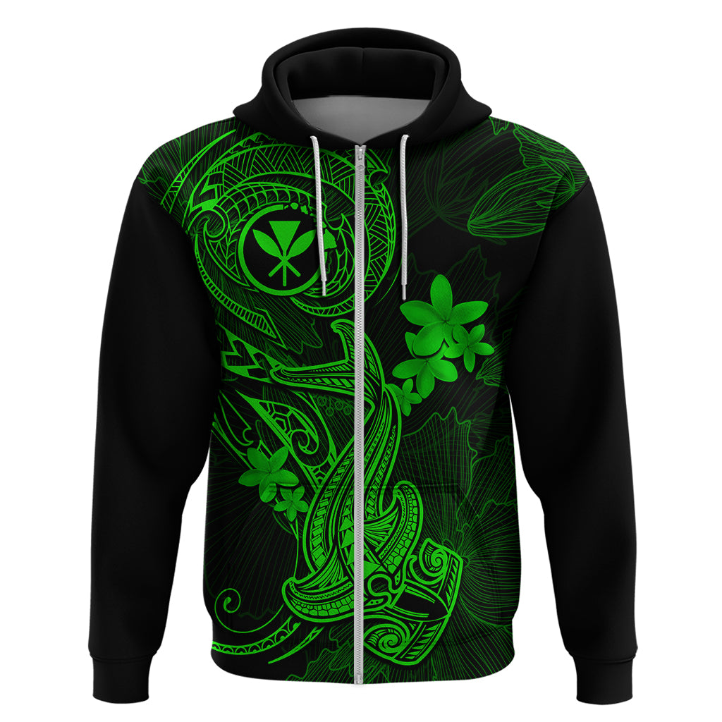 Hawaii Hoodie Hammerhead Shark Tattoo Mix Polynesian Plumeria Green Version - Wonder Print Shop