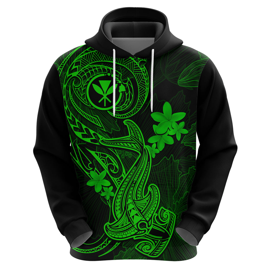 Hawaii Hoodie Hammerhead Shark Tattoo Mix Polynesian Plumeria Green Version - Wonder Print Shop